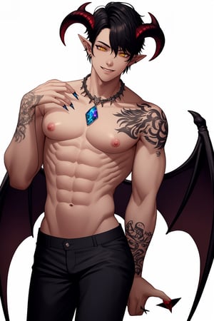 solo, looking at viewer, smile, simple background, black hair, 1boy, white background, navel, jewelry, nipples, yellow eyes, weapon, male focus, cowboy shot, wings, horns, pointy ears, pants, fingernails, tattoo, muscular, colored skin, black pants, piercing, abs, pectorals, muscular male, demon horns, gem, claws, colored sclera, long fingernails, demon wings, topless male, sharp fingernails, nipple piercing, demon boy,1boy