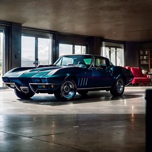 (+18) , ((A sexy woman standing beside 
a Corvette 1968 inside a large livingroom in a house)) , wide living room , high cilling , many people having coffee, people sitting, 
(masterpiece, best quality) , matte photography, photorealistic, 
1car,solo, perfect body, full_body, sports car,More Detail