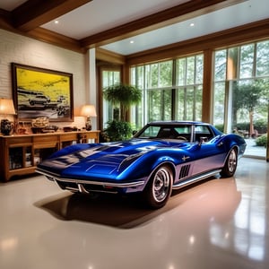 Police car Corvette stingray 1968 ,
Inside a wide large living room in a house ,c_car,APEX SUPER CARS XL 