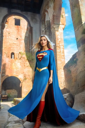 (+18) ,
Beautiful sexy (supergirl )dressed in a hooded cape ,

At the ruins of an ancient Italian town ,
(Documentary photograph:1.3) of a magnificent (Italian medieval castle:1.4),  14th century,  (golden ratio:1.3),  (mullioned windows:1.3), (brick wall:1.1),  (4 towers with merlons:1.2),  surrounded by trees and overlooked by a beautiful blue sky with imposing cumulonembus clouds,  
BREAK ,,
shot on Canon EOS 5D,  from below,  Fujicolor Pro film,  in the style of Miko Lagerstedt/Liam Wong/Nan Goldin/Lee Friedlander,  (photorealistic:1.3),  (soft diffused lighting:1.2),  vignette,  highest quality,  original shot. 
BREAK ,,
Front view,  well-lit,  (perfect focus:1.2),  
award winning,  detailed and intricate,  masterpiece,  itacstl, real_booster, itacstl,,,itacstl,anitoon style