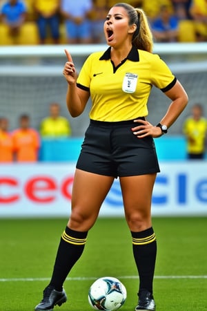 (+18) ,
A sexy ((referee)) woman doing nothing but shouting, 
Holding a whistle and yellow card ,
She has a sexual reaction during a soccer match ,
Black tight shirt 👕  ,
Cleavage, 
Big_hips, 
Large_thighs, 
Large upper legs, 
raw, high_resolution, 
highly detailed, hdr, masterpiece, 
realistic, ultra realistic, detailed image, 
detailed skin ,
Hourglass figure, 
Full body shot, 