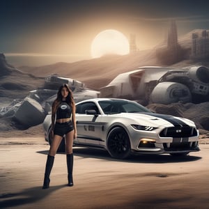 (+18) , nsfw, 
A sexy woman standing beside a Black and white (Police car) mustang with a siren on the moon surface, 
Planet earth  appears in  background, 

,c_car,APEX SUPER CARS XL ,echmrdrgn,action shot,NISSAN,secret