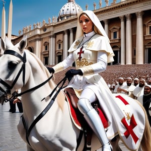 (+18) , surreal photorealistic, 
Photo of sexy (female pope)  riding a horse at the ((muslim vatican)) Square, 
proteced by sexy women dressed as knight templar ,
sex dress as riot police at the vatican, 
Muslim Stormtroopers, 
matte photo, 
 Canon 5d mark 4, kodak ektar , 
realistic 
 , art by J.C. Leyendecker