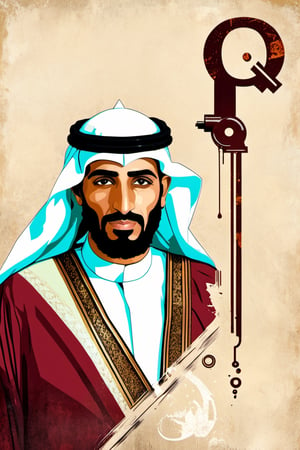 (An amazing and captivating abstract illustration:1.4), 
1man, traditional Arabian gulf head of state ,
A portrait of an Arabian sheikh in white traditional dress,
(grunge style:1.2), 
(frutiger style:1.4), 
(colorful and minimalistic:1.3), 
(2004 aesthetics:1.2),
(beautiful vector shapes:1.3), 
with (the text "Q8":1.1), 
text block. 
BREAK 
Petroleum rig , x \(symbol\), oil barrels \(symbol\), oil pump \(symbol\), gradient background, sharp details, oversaturated. 
BREAK 
highest quality, 
detailed and intricate, original artwork, trendy, 
mixed media, 
vector art, vintage, 
award-winning, artint, SFW,