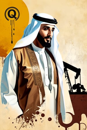 (An amazing and captivating abstract illustration:1.4), 
1man, traditional Arabian ,
A portrait of an Arabian sheikh in white traditional dress,
(grunge style:1.2), 
(frutiger style:1.4), 
(colorful and minimalistic:1.3), 
(2004 aesthetics:1.2),
(beautiful vector shapes:1.3), 
with (the text "Q8":1.1), 
text block. 
BREAK 
Petroleum rig , x \(symbol\), oil barrels \(symbol\), oil pump \(symbol\), gradient background, sharp details, oversaturated. 
BREAK 
highest quality, 
detailed and intricate, original artwork, trendy, 
mixed media, 
vector art, vintage, 
award-winning, artint, SFW,