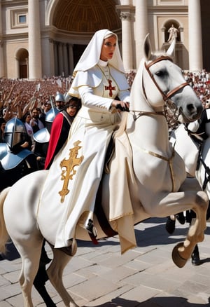(+18) , surreal photorealistic, 
Photo of sexy female pope  riding a horse at the muslim vatican Square, 
proteced by sexy women dressed as knight templar ,
sex dress as riot police at the vatican, matte photo, 
 Canon 5d mark 4, kodak ektar , 
realistic 
 , art by J.C. Leyendecker