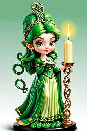 an adorable (lucky lubricants Irish lady) candle that is holding a sign that says [celts], 
digital art, 
Green colour theme ,
Irish celts Cloverleaf theme, 
adorable,   VCuteStyle, FAEIA
