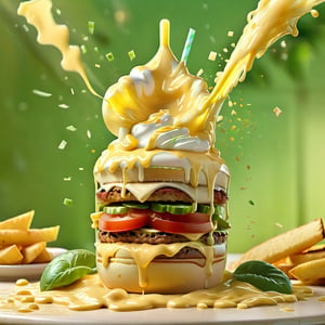 (+18) , nsfw, 

 cheeseburger splashed into a pool of milkshake, 
Best quality,masterpiece,ultra high res,booth,,food focus,still life,food,simple background,green background,,