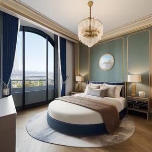 (masterpiece),(high quality), 
best quality, real,(realistic), 
super detailed, 
(full detail),(4k),
8k,bedroom, 
Statue of liberty theme,
Circular bed ,
Arches,
scenery, 
Big window over looking the Eiffel Tower in the city of Paris, 
Modern style  