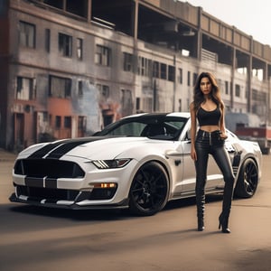 (+18) , nsfw, 
A sexy woman standing beside a Black and white (Police car) mustang gt 5.0 with a siren, 
Near by Dragon, 

,c_car,APEX SUPER CARS XL ,echmrdrgn,action shot,NISSAN