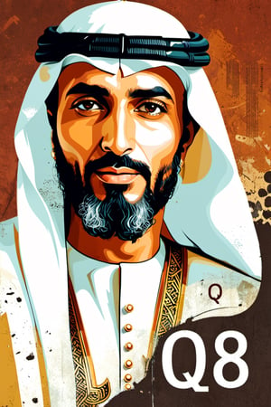 (An amazing and captivating abstract illustration:1.4), 
1man, traditional Arabian gulf head of state ,
A portrait of an Arabian sheikh in white traditional dress,
(grunge style:1.2), 
(frutiger style:1.4), 
(colorful and minimalistic:1.3), 
(2004 aesthetics:1.2),
(beautiful vector shapes:1.3), 
with ((the text "Q8":1.1)), 
text block. 
BREAK 
{{Petroleum rig}} , x \(symbol\), {oil barrels} \(symbol\), oil pump \(symbol\), gradient background, sharp details, oversaturated. 
BREAK 
highest quality, 
detailed and intricate, original artwork, trendy, 
mixed media, 
vector art, vintage, 
award-winning, artint, SFW,