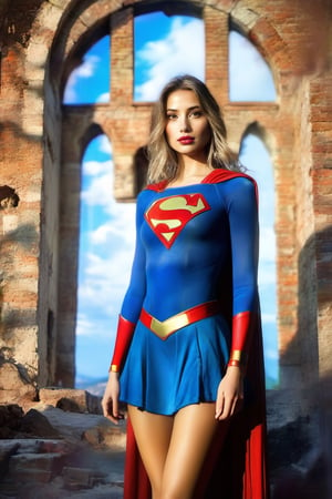 (+18) ,
Beautiful sexy (supergirl )dressed in a hooded cape ,

At the ruins of an ancient Italian town ,
(Documentary photograph:1.3) of a magnificent (Italian medieval castle:1.4),  14th century,  (golden ratio:1.3),  (mullioned windows:1.3), (brick wall:1.1),  (4 towers with merlons:1.2),  surrounded by trees and overlooked by a beautiful blue sky with imposing cumulonembus clouds,  
BREAK ,,
shot on Canon EOS 5D,  from below,  Fujicolor Pro film,  in the style of Miko Lagerstedt/Liam Wong/Nan Goldin/Lee Friedlander,  (photorealistic:1.3),  (soft diffused lighting:1.2),  vignette,  highest quality,  original shot. 
BREAK ,,
Front view,  well-lit,  (perfect focus:1.2),  
award winning,  detailed and intricate,  masterpiece,  itacstl, real_booster, itacstl,,,itacstl,anitoon style