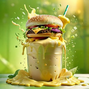 (+18) , nsfw, 

 cheeseburger splashed into a pool of milkshake, 
Best quality,masterpiece,ultra high res,booth,,food focus,still life,food,simple background,green background,,