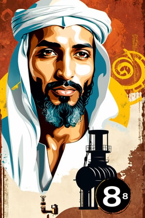 (An amazing and captivating abstract illustration:1.4), 
1man, traditional Arabian ,
A portrait of an Arabian sheikh in white traditional dress,
(grunge style:1.2), 
(frutiger style:1.4), 
(colorful and minimalistic:1.3), 
(2004 aesthetics:1.2),
(beautiful vector shapes:1.3), 
with ((the text "Q8":1.1)), 
text block. 
BREAK 
Petroleum rig , x \(symbol\), oil barrels \(symbol\), oil pump \(symbol\), gradient background, sharp details, oversaturated. 
BREAK 
highest quality, 
detailed and intricate, original artwork, trendy, 
mixed media, 
vector art, vintage, 
award-winning, artint, SFW,