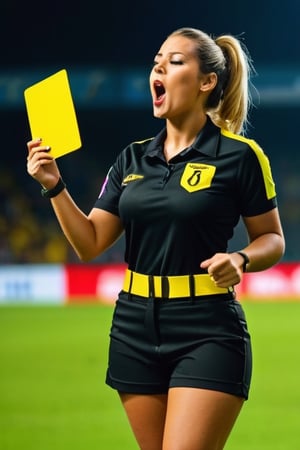 (+18) ,
A sexy ((referee)) woman doing nothing but shouting, 
Holding a whistle and yellow card ,
She has a sexual reaction during a soccer match ,
Black tight shirt 👕  ,
Cleavage, 
Big_hips, 
Large_thighs, 
Large upper legs, 
raw, high_resolution, 
highly detailed, hdr, masterpiece, 
realistic, ultra realistic, detailed image, 
detailed skin ,
Hourglass figure, 
Full body shot, 