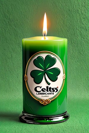 an adorable (lucky lubricants) candle that is holding a sign that says [celts], 
digital art, 
Green colour theme ,
Irish celts Cloverleaf theme, 
adorable,   VCuteStyle, FAEIA