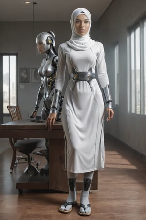 award winning studio photo realistic android arab woman , hijab ,, cyborg body , visible mechanical parts on body , 
 , (((FULL BODY shot))) , in a house working as house maid , background in a regular house furniture, 
 (white sci-fi holographic dress:1.2), (articulations:1.3), (detailed texture:1.3), future material, detailed body, (detailed eyes:1.0), detailed face, sharp focus, hd, dark, hdr, 8k, (reflection:1.1), god rays, hi tech lab on the background
,tranzp,cyborg style,flip_flop_sock