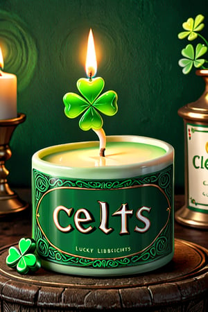 an adorable (lucky lubricants) candle that is holding a sign that says [celts], 
digital art, 
Green colour theme ,
Irish celts Cloverleaf theme, 
adorable,   VCuteStyle, FAEIA
