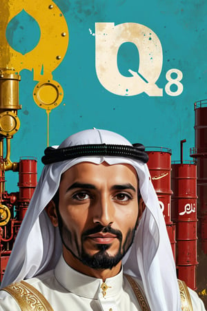 (An amazing and captivating abstract illustration:1.4), 
1man, traditional Arabian gulf head of state ,
A portrait of an Arabian sheikh in white traditional dress,
(grunge style:1.2), 
(frutiger style:1.4), 
(colorful and minimalistic:1.3), 
(2004 aesthetics:1.2),
(beautiful vector shapes:1.3), 
with ((the text "Q8":1.1)), 
text block. 
BREAK 
{{Petroleum rig}} , x \(symbol\), {oil barrels} \(symbol\), oil pump \(symbol\), gradient background, sharp details, oversaturated. 
BREAK 
highest quality, 
detailed and intricate, original artwork, trendy, 
mixed media, 
vector art, vintage, 
award-winning, artint, SFW,photorealistic