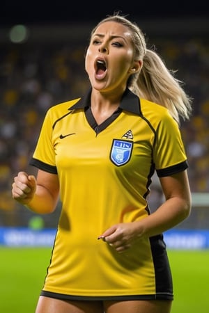 (+18) ,
A sexy ((referee)) woman doing nothing but shouting, 
Holding a classic Valkeen whistle ,
She has a sexual reaction during a soccer match ,
Yellow tight shirt 👕  ,
Cleavage, 
Big_hips, 
Large_thighs, 
Large upper legs, 
raw, high_resolution, 
highly detailed, hdr, masterpiece, 
realistic, ultra realistic, detailed image, 
detailed skin ,
Hourglass figure, 
Full body shot, 