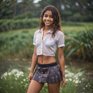 instagram photo, young 14yo cute lustful face brazilian brown girl wearing lifting mini skirt , (shot from distance), full body portrait,  Smoldering, (sweat), (wet body), straight long hair, smiling, wearing button shirt,  average brest, cleavage, depth of field, ( gorgeous:1.2), flower camp, buttcheeks, detailed face, day, soothing tones, muted colors, high contrast, (natural skin texture, hyperrealism, soft light, sharp), (freckles:0.3), (acne:0.3),(messy hair:0.1) ,  Cannon EOS 5D Mark III, 85mm
