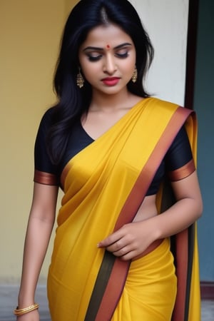 pretty like princess, Poor poverty woman wearing yellow Soft Silk Saree With tight black silk fabric blouse,poor household,hot curvy body,lusty face, crying expression,,<lora:659095807385103906:1.0>