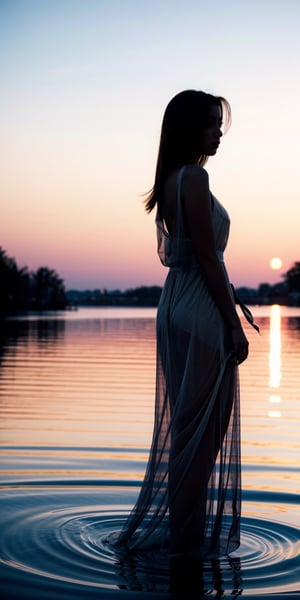 In the tranquil ambiance of a lakeside retreat at twilight, Isabella stands at the water's edge, framed by the soft, serene hues of the setting sun. The lake's surface reflects the sky's fading colors, creating a captivating mirror-like reflection.

Isabella's silhouette is striking against the twilight sky. She wears a flowing, diaphanous gown that catches the breeze, emphasizing her graceful form. Her hair is gently tousled by the evening wind, adding to the ethereal effect.

As the photographer captures the scene with a camera equipped with a telephoto lens, they focus on the interplay of light and shadow. Isabella's figure is a dark, captivating silhouette against the glowing horizon, while her reflection shimmers like a mirage on the tranquil water's surface.

The resulting photograph is a study in contrast, a harmonious blend of silhouette and reflection. Isabella stands as a mysterious figure against the twilight, her presence accentuated by the serene beauty of the natural setting. It's an image that evokes a sense of contemplation and wonder, where the boundaries between reality and reflection blur in the enchanting twilight hour.