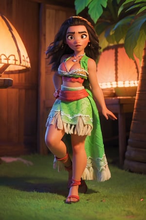 masterpiece, best quality, high resolution, photorealistic, (full body portrait:1.5), highres, 1girl, 18yo, brown hair, hot girl, moana, marijuana effect, (big breasts:1.4), pointy breast, (cleavage:1.4), green chocker, (bohemian sleeveless mini gown:1.6), 