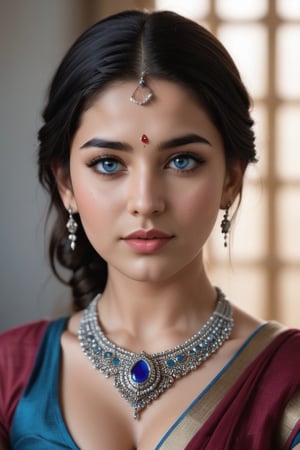 1girl, solo,average breasts, looking at viewer, blue eyes, black hair, dress, jewelry, closed mouth, upper body, braid, earrings, necklace, mole, lips, eyelashes, makeup, realistic, nose,photorealistic,Indian