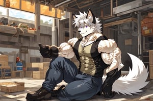 score_9,score_8_up,score_7_up,score_6_up,score_5_up,score_4_up,source_anime, BREAK,1boy, solo, focus male, Seth_Lowell, short hair, hair between eyes, white hair, purple eyes, wolf ears, long tails, sleeveless_shirt, gloves, elbow_gloves, leg harness, long pants, black boots, ,muscular body, huge veiny muscular biceps, tan skin, smile