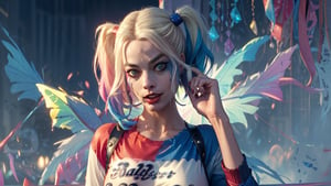 ((masterpiece, best quality)), harley quinn,margot robbie,mini skirt,sexy,curvy body,detailed face,perfect eyes,detailed hands,hands up,light background,mix of fantasy and realistic elements,vibrant manga,uhd picture , crystal translucency, vibrant artwork,full body