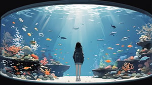 1girl,illustration,Aquarium-tinted,black hair,txznf,full body,detailed illustration,flat style