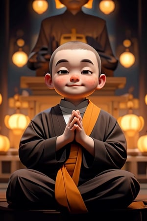 Two or three years old bald monk, boy,black eyes,no hair,white fat, big eyes, wearing a yellow monk clothes, sitting cross-legged in front of the temple, hands clasped,,<lora:659111690174031528:1.0>