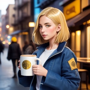  blue_jackey_girl,oversized,clothes,white__chiantown street_ background,short_gold hair_holding 1 coffee mug_ wonder,beauty ,aian 
 girl,