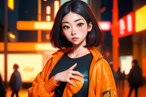 orange jacket,1 girl,oversized,clothes,blurry_blackground,short_gold ash hair_holding_object, wonder,beauty ,asian girl,realhands,Realism