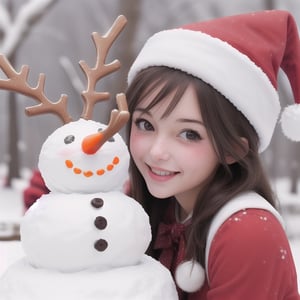 santa  girl_happy_snow_snowman_raindeer,brown eyes