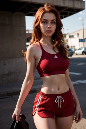 masterpiece, best quality, urban scene, (photorealistic: 1.4), 24 years old, hourglass body, red hair, redhead, without makeup, cinematic light, beautiful woman, standing , slim, big breasts, without makeup, (ginger: 1.2) hair, half up, half down hairstyle,waist length hair, a lot of head wind,marked angle eyebrows, round lips, photo of perfect eyes, big eyes, beautiful eyes, sportswear