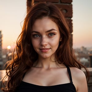 masterpiece, best quality, (photorealistic: 1.4), 24 years old, hourglass body, red hair, redhead, cinematic light, beautiful woman, standing , slim, big breasts, without makeup, (ginger: 1.2) hair, half up, half down hairstyle,waist length hair, a lot of head wind,marked angle eyebrows, round lips, photo of perfect eyes, big eyes, beautiful eyes, smiling