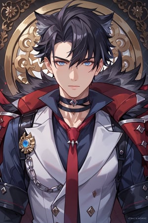 score_9, score_8_up, score_7_up, masterpiece, best quality, absurdres, very aesthetic, source_anime, detailed illustration, 8k UHD, (detailed background:1.1), looking at viewer, 1boy, solo, half body,Wriothesley,Black Hair,Blue Eyes,Choker,Red Necktie,Black Gloves,Grey Pants,Fur Trim