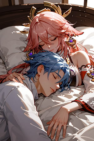 score_9, score_8_up, score_7_up, extremely detailed illustration 8k UHD, 1080P, 1boy, 1girl, duo, sleeping, onbed,kamisato ayato,blue hair,hair between eyes,bangs,mole,mole under mouth,yae miko, pink hair,yae_miko(genshin_impact),blue eyes, purpleeyes, 5 fingers