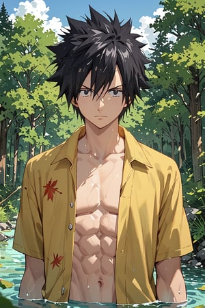 score_9, score_8_up, score_7_up, source_anime, 1boy, solo,gray_fullbuster, black eyes, black hair, spiked hair, in house, looking at sky, no shirt, sakura leaves, maple trees, forest, river, partially submerged in water