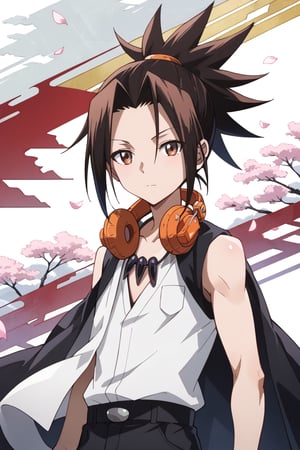 score_9, score_8_up, score_7_up, masterpiece, best quality, absurdres, very aesthetic, source_anime, detailed illustration, 8k UHD, (detailed background:1.1), looking at viewer, 1boy, solo, half body,Asakura Yoh,brown hair,headphonese,spiked hair,medium hair,Ponytail,Necklace,jewelry,Black shirt,sleeveless,shorts,black pants,White shirt, open shirt,Japanese clothes,kimono,Headphones around neck