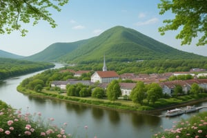 city view,river,trees,flowers,small house,future,villages,more details