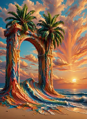 (sea bay in the form of a portal), beach, palm tree, sunset, orange sky, cloud, (masterpiece), (highly detailed acrylic illustration),(expressionless), (best quality:1.2), High quality texture, intricate details, detailed texture, High quality shadow, Depth of field, light source contrast, perspective,20s,,cinematic_warm_color,covered with ais-acrylicz,ais-acrylicz