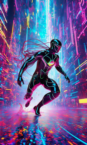 Psychedelic net dive, a cyber-surfer navigating through a web of neon-lit data streams, dodging digital obstacles with fluid grace. , Artificial intelligence, Blade punkByteBlade