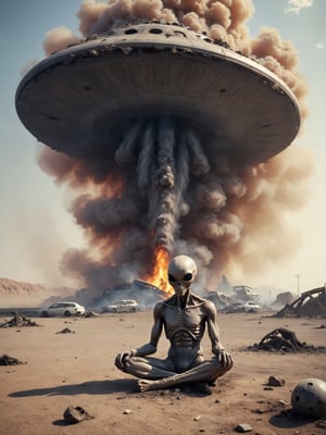 (Sad alien in smokes, sitting on a ground,) In the distance (An ufo_ship crashed to the ground, debris burning in the smoke), desert,,cinematic_warm_color, add_more_creative,