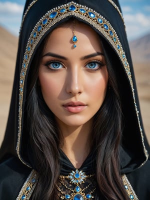 photo portrait of despina hatun beautiful and sexy central asian princess. Her dark hair are hidden by a black headdress and hooded cloak, striking blue eyes and bold facial marking looking at the camera, appropriation artist, shiny/glossy, clear edge definition, unique and one-of-a-kind pieces, light brown and light amber, Fujifilm X-T4, Sony FE 85mm