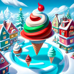 SnowStyle city, ((Christmas mood)), ((((floating))) (huge three scoops ice cream (((city levitating))) melting) (in the sky)), white-red-green glowing, (ice cream city on sky) palace above the clouds, magical reality, in a waffle cone, santa claus house, christmas forest