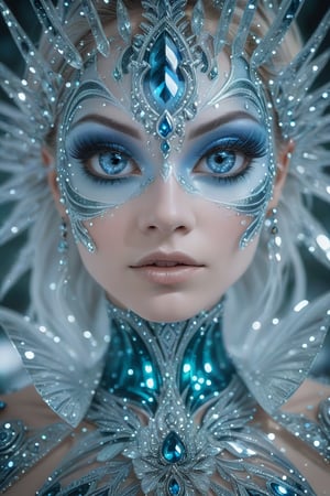 Rorschach Editorial Photography, close up Face, Frost Goddess, Neo Tribal frost Art, detailed skin, ((Background Christmas Tree:1.2) Bokeh:0.7), frost crystal,Glass Elements,(Transperent Parts),BIG EYES