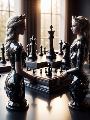 Realism, digital photo, Chess 2Queens divide the pawns argue, made of Obsidian_Diamond, at Townhouse, dramatic light, bokeh,cinematic_warm_color,Obsidian_Diamond,ral-pnrse